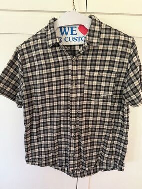 Monet Short-Sleeve Black and White Plaid Button-Down Shirt